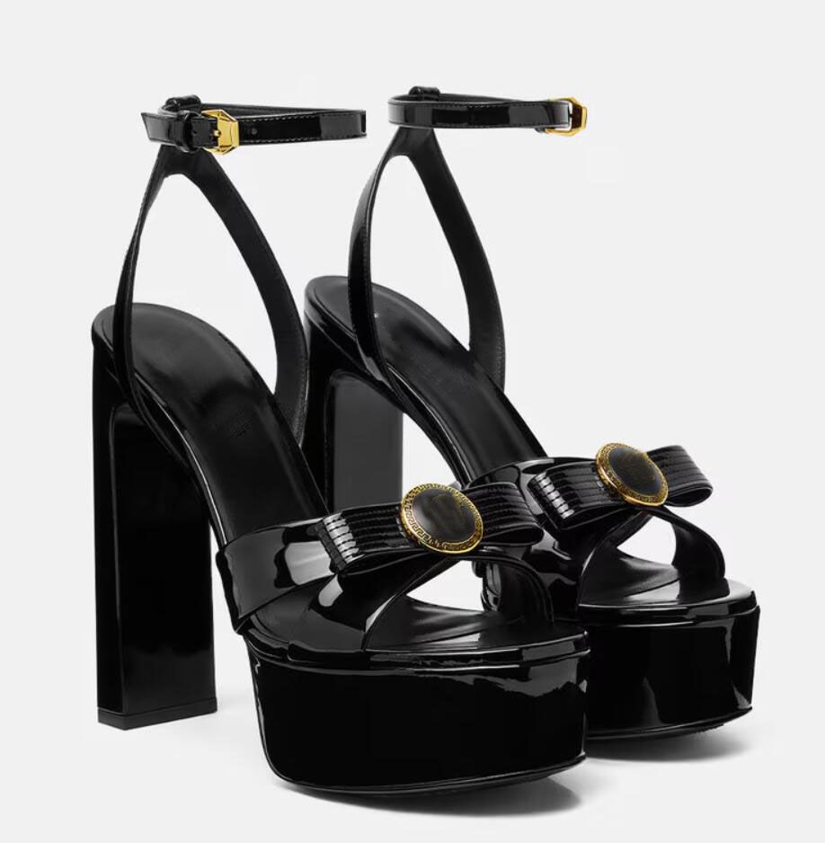 Summer Luxury Gianni Ribbon Bow Platform Sandals Shoes Women High-block Heels Round Open Toe Buckle Ankle Strap Evening Dress Wedding Lady Walking 35-44