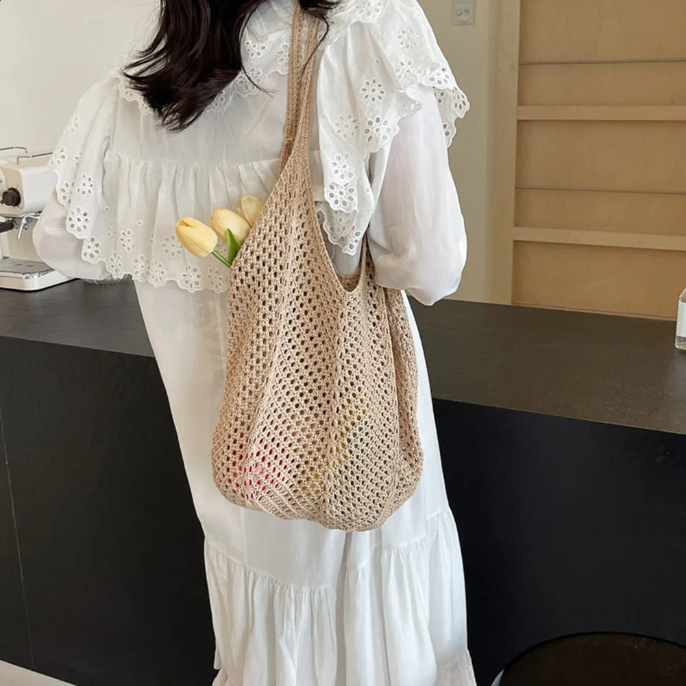 Women Knitting Shoulder Bag Solid Color Crochet Mesh Large Capacity Aesthetic Hobo Ladies Daily Handbag 241225