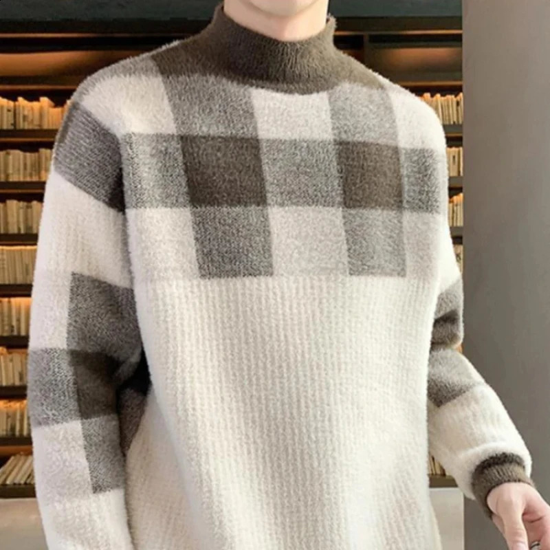 Pullover Man Thick High Collar Turtleneck Fleeced Knitted Sweaters for Men Warm Knitwear in Sweatshirt Streetwear Quality 241227