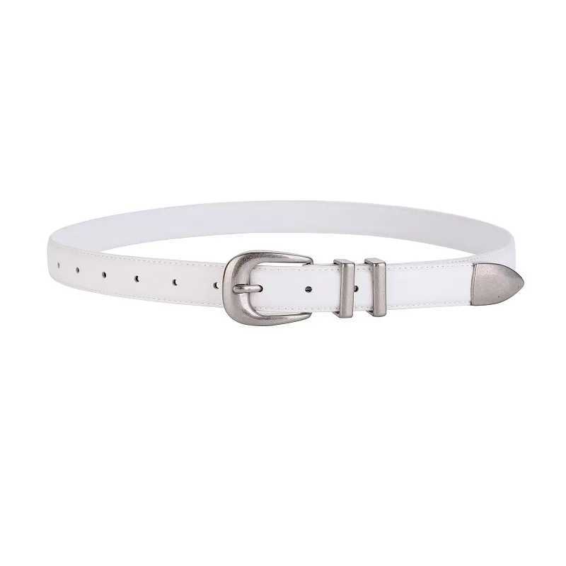 Womens tight strap leather dress strap silver buckle ultra-thin waist belt vintage denim strap W241228