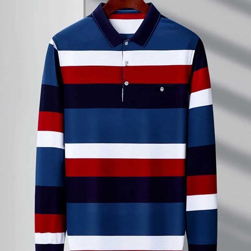 2023 Spring and Autumn Mens Stripe Contrast shirt Collar Button Pocket Pullover Fashion Casual Long Sleeve Tee T-shirt Tops X241228