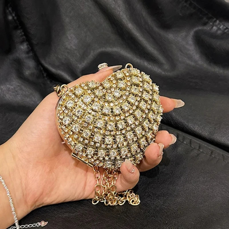 Mini Diamond Inlay Heart Shape Crystal Clutch Purse Stones Evening Wedding Party Shoulder Bag Handle Rhinestone Handbags 241227