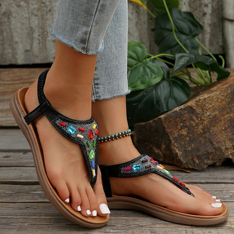 Beaded Decor Bohemian Flat Sandals for Women Summer 2025 Elastic Band Clip Toe Rome Sandals Woman Soft Sole Non Slip Beach Shoes 241228
