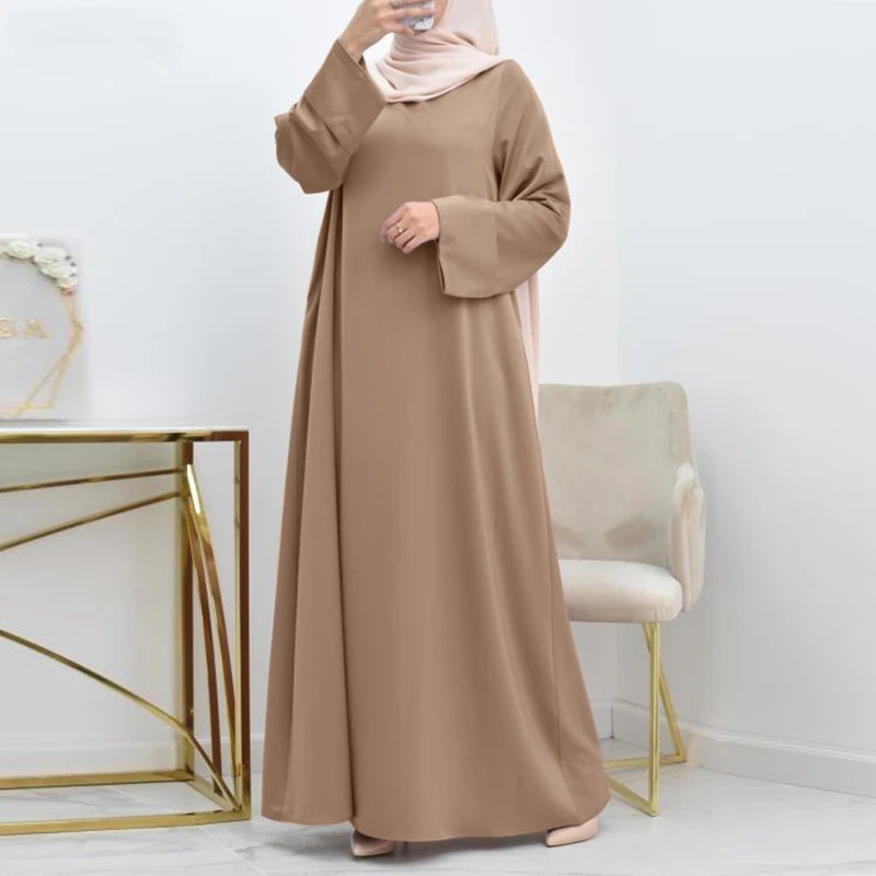 B1901 new Muslim women's satin skirt Middle Eastern robe simple solid color loose round neck belt large size long sleeve