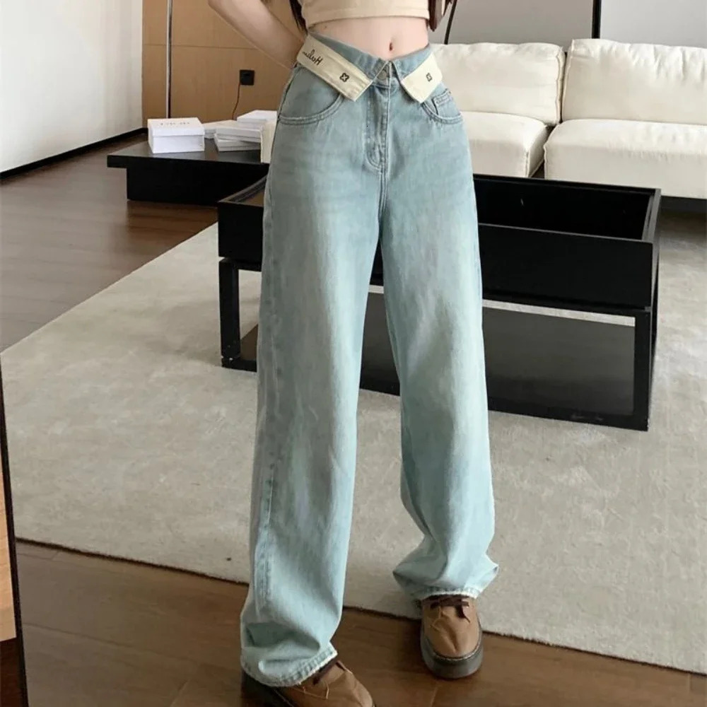 Letter Trousers With Pockets Pants For Woman Blue Straight Leg Women's Jeans High Waist Shot Baggy Grunge Y2k Gyaru Stylish Xxl