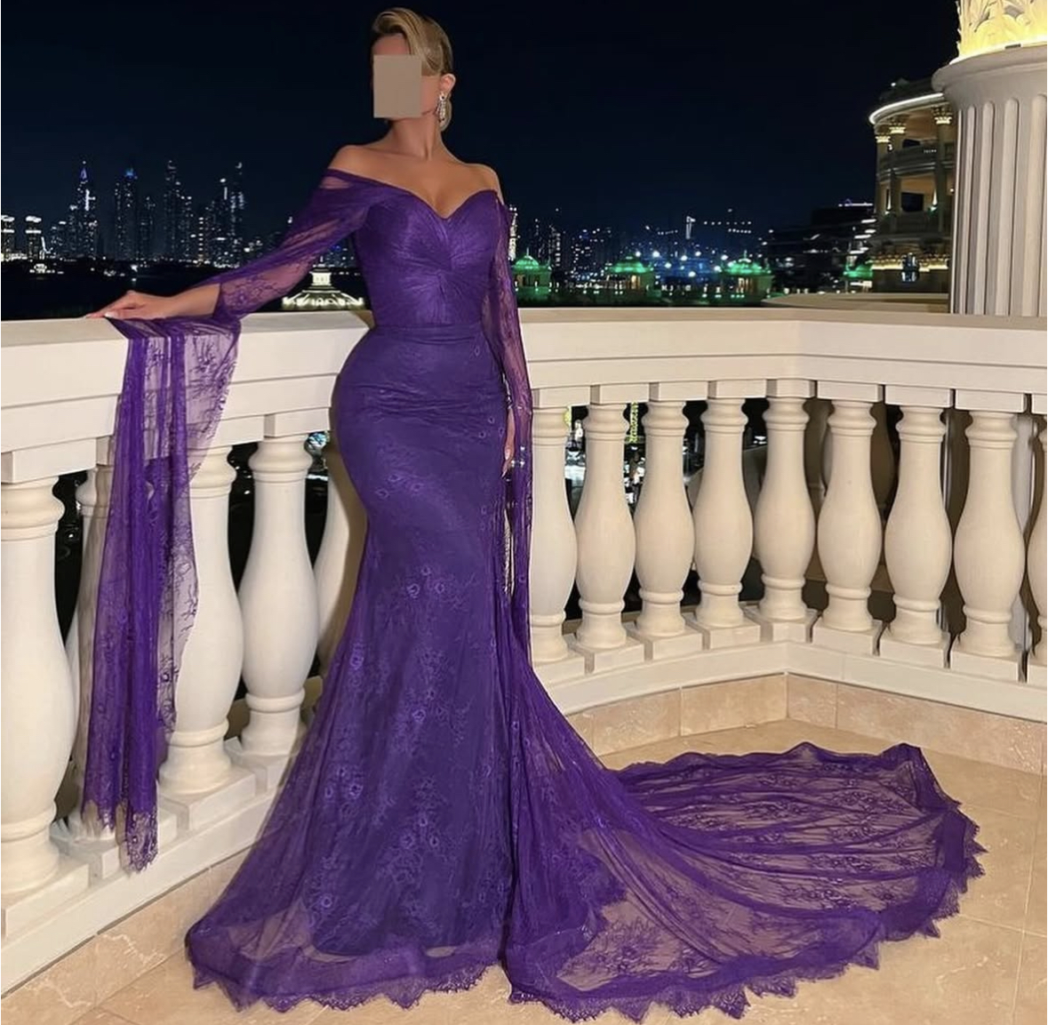 Slim Fit Lace Mermaid Evening Dresses Off Shoulder Long Sleeves Purple Prom Gown For Women Elegant Arabic Dubai Special Occasion Dress