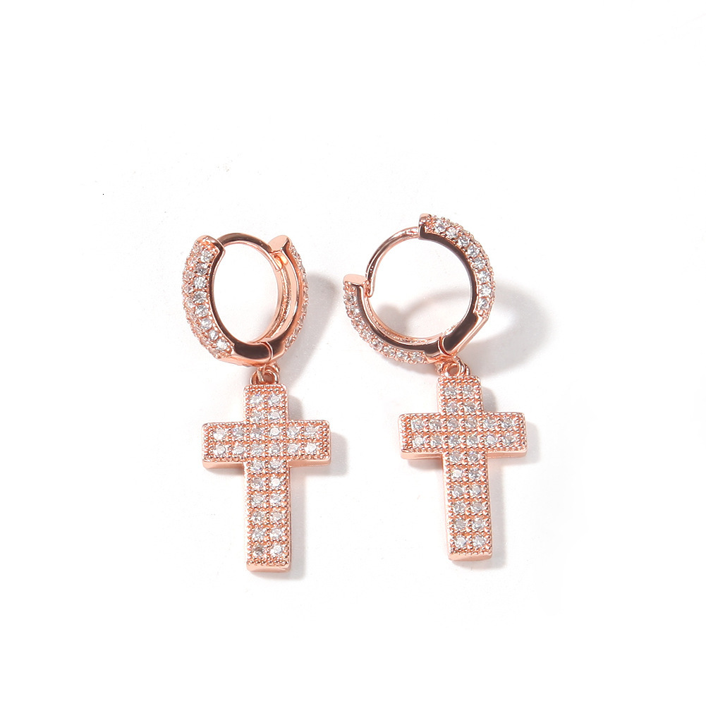 Hip Hop 14k Gold Shiny Cubic Zircon Cross Dangle Huggie Hoop Earrings Fine Quality Full Iced Out Cz Stones Jewelry Accessories Earring Pendientes Cruz