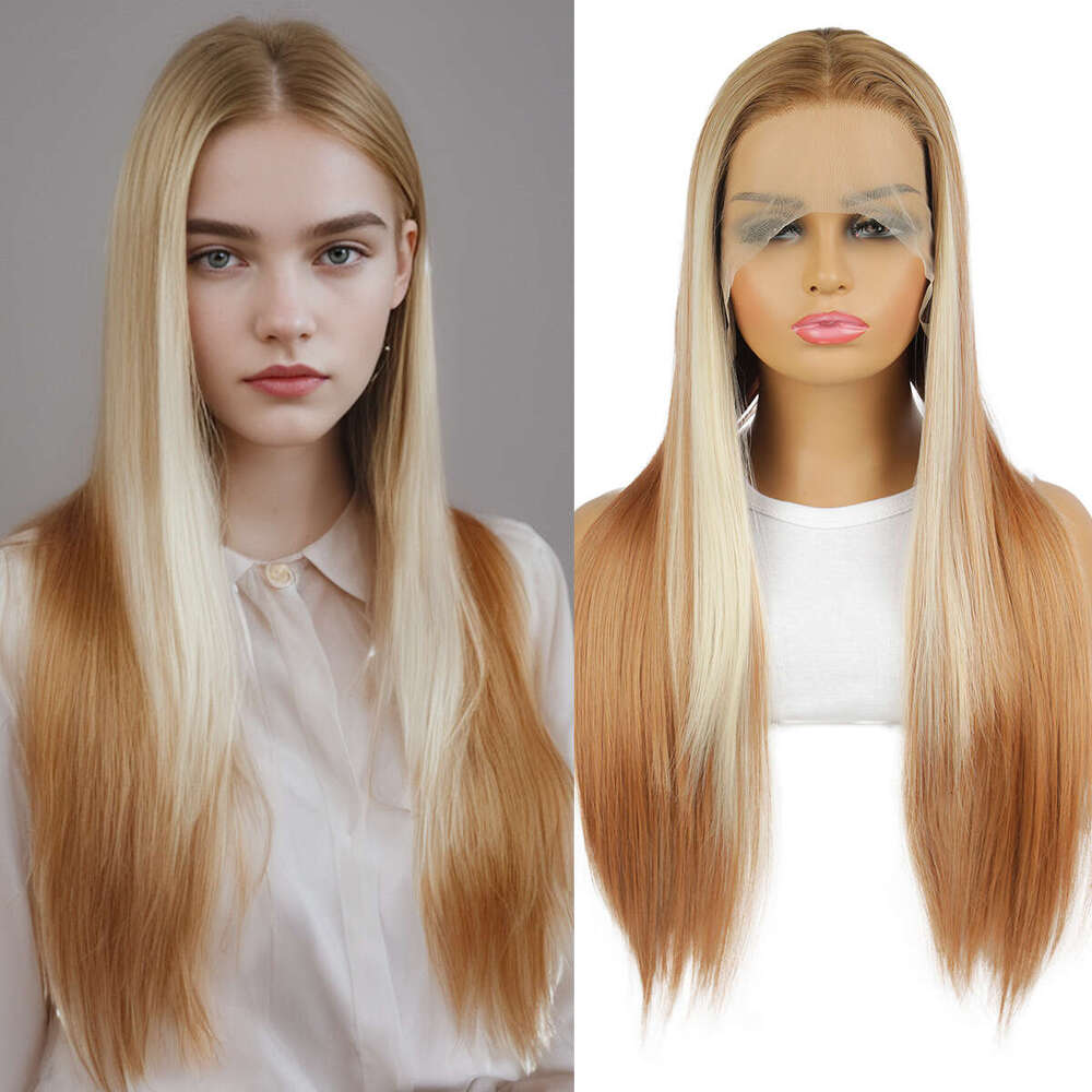 Golden Brown Mixed Color Long Straight Hair Wig For Women, 13 4 * 1 Front Lace Synthetic Full Head Cover Kq2 Kq2
