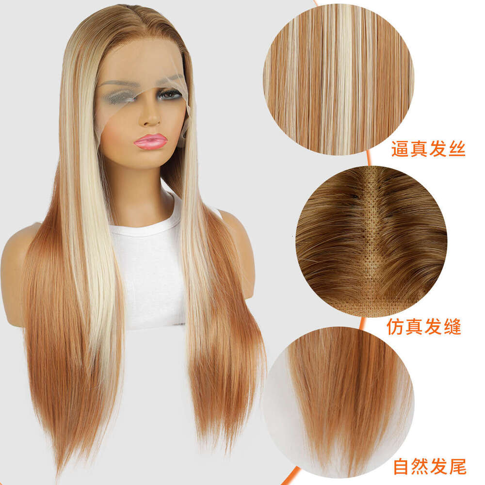Golden Brown Mixed Color Long Straight Hair Wig For Women, 13 4 * 1 Front Lace Synthetic Full Head Cover Kq2 Kq2