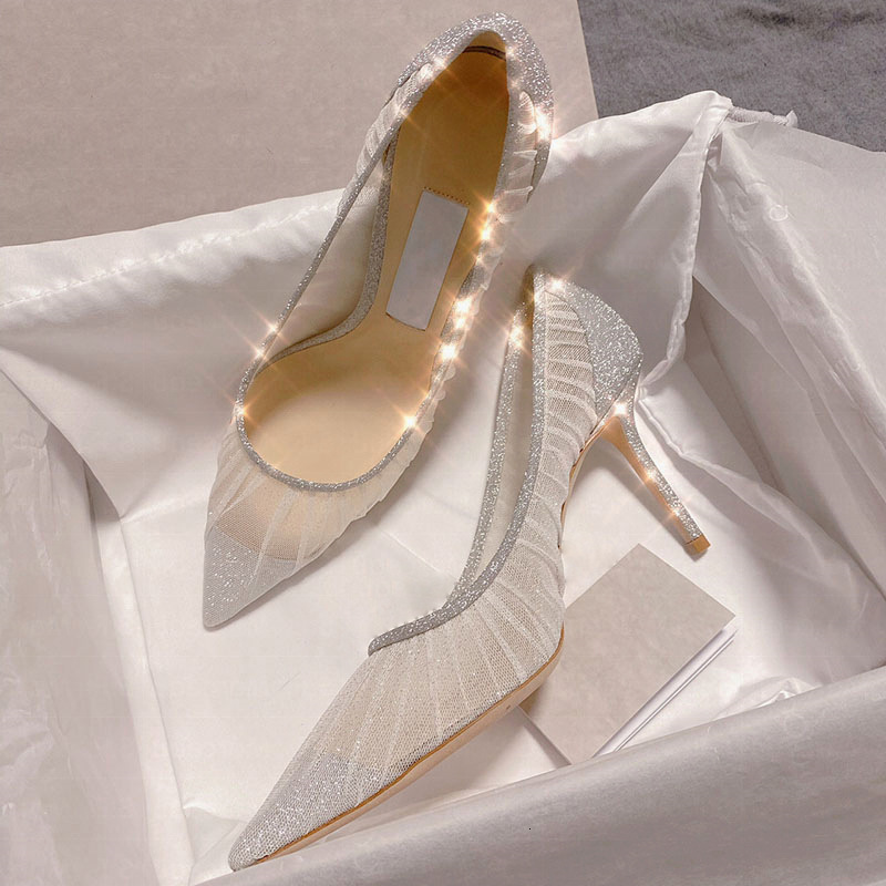 Lace Pointed Mesh Fine For Women 2023 Autumn New Sexy High Heel Shallow Wedding Shoes