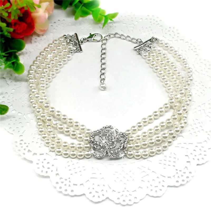 Pearl necklace dog collar fashionable jewelry puppy cat collar rhinestone artificial diamond rose dog pet accessories M241228