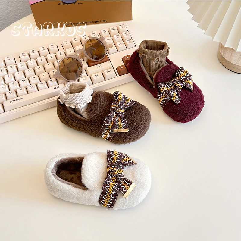 Luxury Bowknot Lambswool Loafer Baby Kid Winter Warm Teddy Fur Flat Shoes Toddler Girl Brand Design Embroider Tape Plush Shoes W241228