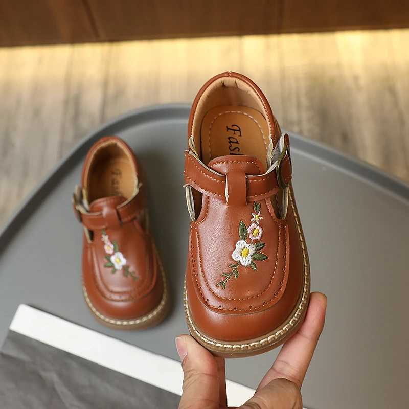 Toddler Girls Mary Janes Embroidery Flower Vintage Kids Autumn Flat Shoes 21-30 Beige Khaki Light Comfy Slish Children Shoe W241228