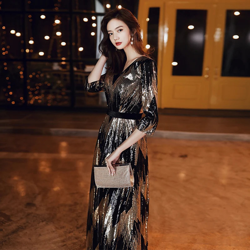Customized Long Evening Dress Elegant Robe De Soiree Zipper Women Party Dresses Plus Size V Neck Sequin Formal Gowns 241223