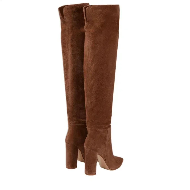 European and American Fashion High Heels Knee High Walking Boots Ladies British Style Versatile Suede Knight Boots 241228