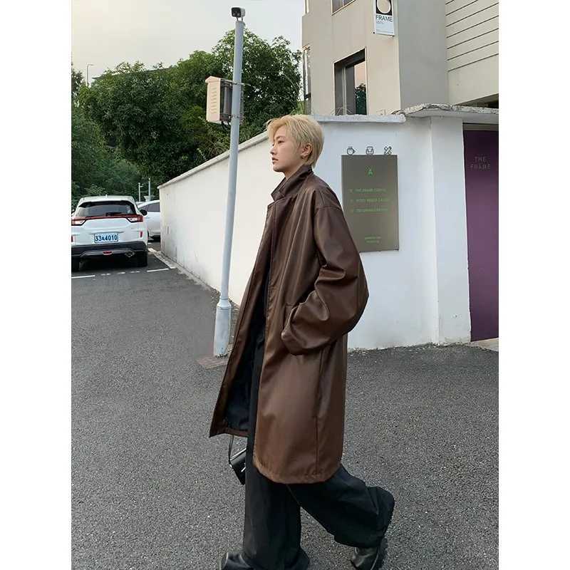 Neutral black PU leather long groove coat womens Gothic groove coat luxury autumn loose windproof coat W241228