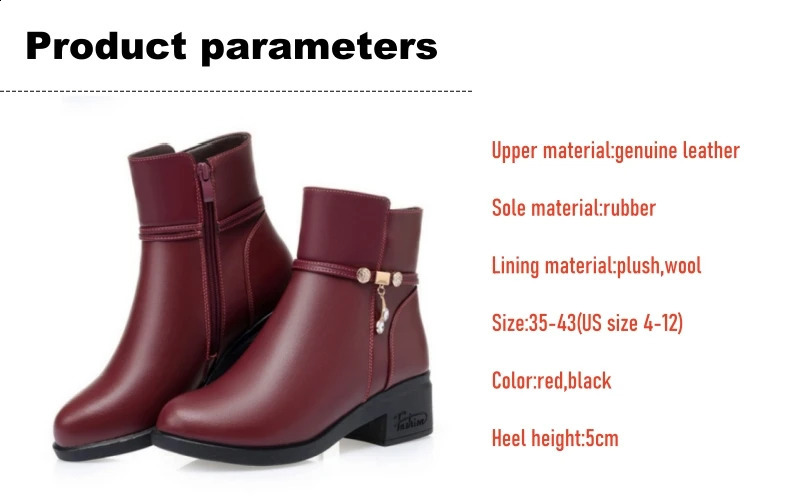 WOIZGIC Womens Mother Female Genuien Leather Shoes Ankle Boots Winter Fur Plush Wool Warm Zipper 241223