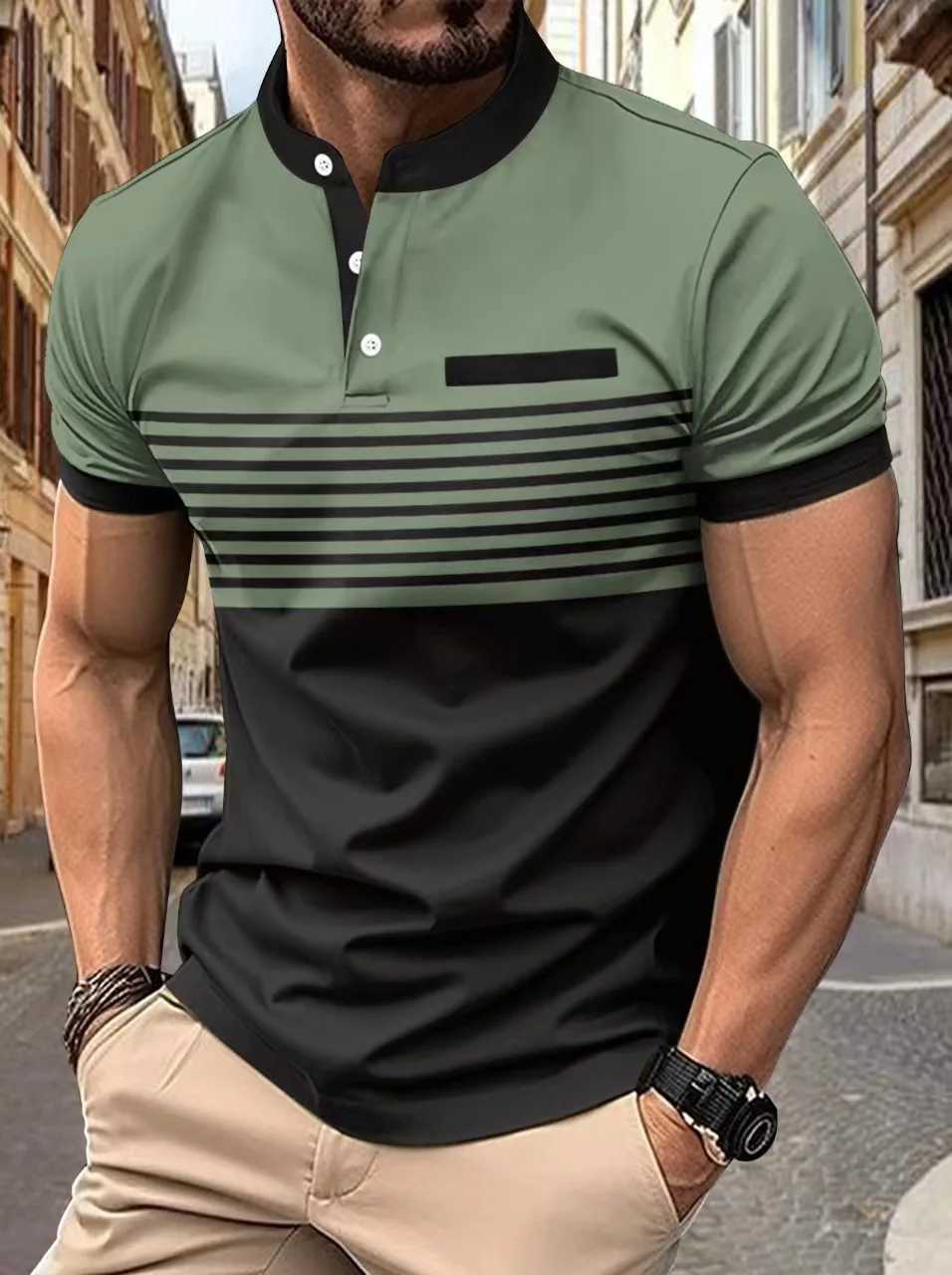 Mens spring and summer new casual short-sleeved shirt3 button horizontal stripe printed stand collar sports shirt shirt top X241228