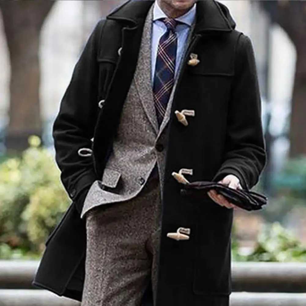 Men Jackets Coats Horn Button Solid Color Lapel Slim Mid-length Overcoat Autumn Winter Warm Trench Jackets for men jackets W241228