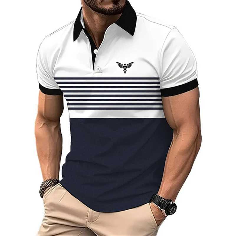 Simple striped printed mens shirt T-shirt fashionable lapel short sleeved top summer business casual loose T-shirt outdoor suit X241228