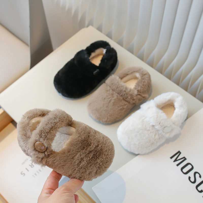 Kids Flat Shoes Fluffy Solid Colors Warm Shallow Winter Children Mary Janes 21-36 Furry Hook-loop Cover Toe Comfy Girls Shoe W241228