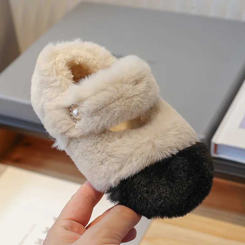 Winter Fur Girls Shoes Fashion Children Princess Flat Shoe Korean Plush Warm Kids Shoe Shallow Mary Janes Chaussure Child Girl W241228