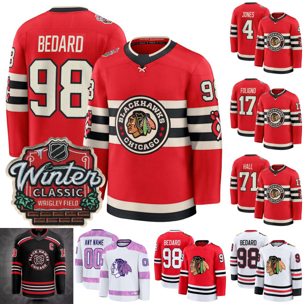 Blackhawks 2025 Winter Classic Hockey Jersey 98 Bedard 86 Teravainen 90 Ludwinski 15 Smith 17 Foligno 71 Hall