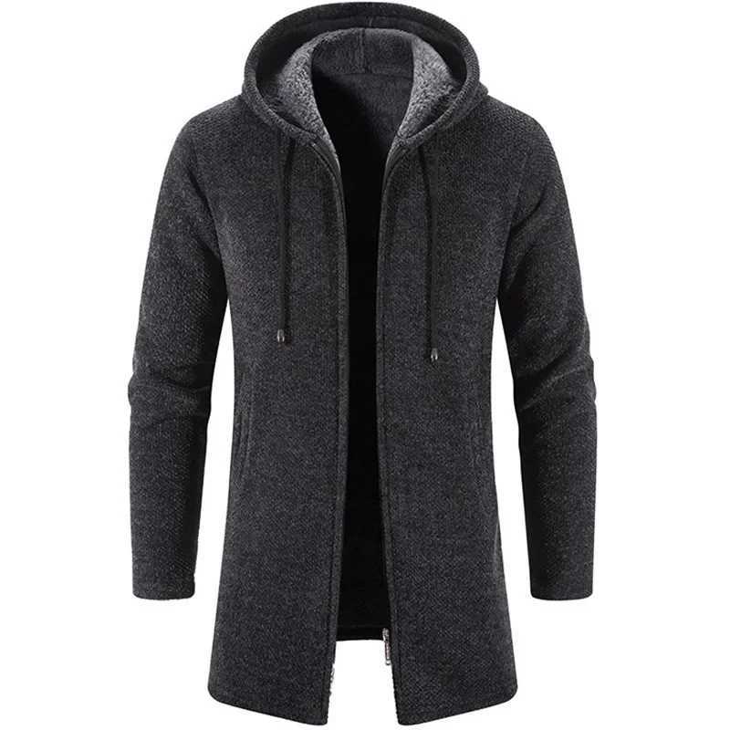 Autumn Winter Mens Fleece Warm Windbreaker Solid Color Casual Loose Hooded Knit Coat Long Sleeve Zipper Pocket Cardigan Coat W241228