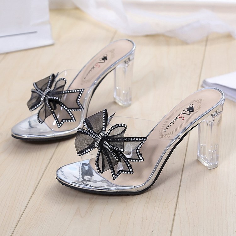 Cool Slippers Ddmywed For Women Wearing Thick Summer High Transparent One Line Crystal Heels Semi Trailer Bow Chinese Brand Shoes F Ddmysaturn