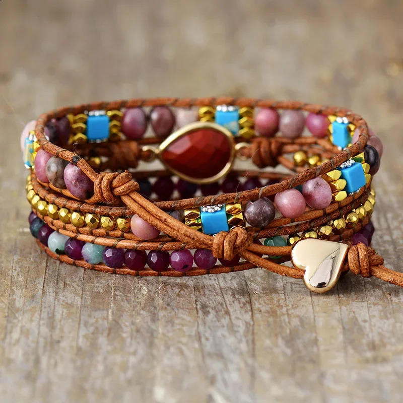 Bohemia Multilayers Leather Wrap Bracelet Creative Natural Red Stone Wristband Handmade Spiritual Jewelry Holiday 241227