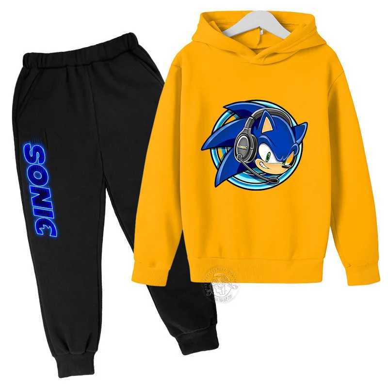 Childrens Anime Cartoon Sonic -Letter Printed Autumn/Winter Warm Two Piece Hoodie+Pants Sports Set for Boys and Girls Aged 3-13 X241228