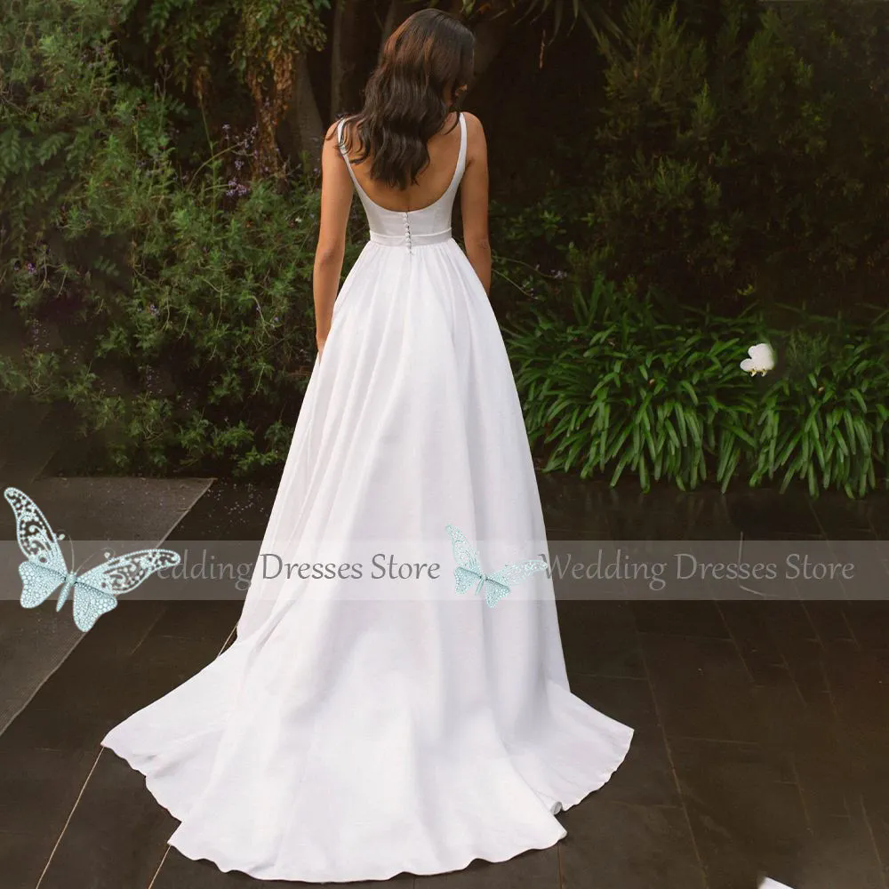 White Pleat A E Wedding Dress Square Vestido De Noiva Satin Appliqued Women V Neck Gown Bridal Party Custom Made Beach Brides Gowns ppliqued s