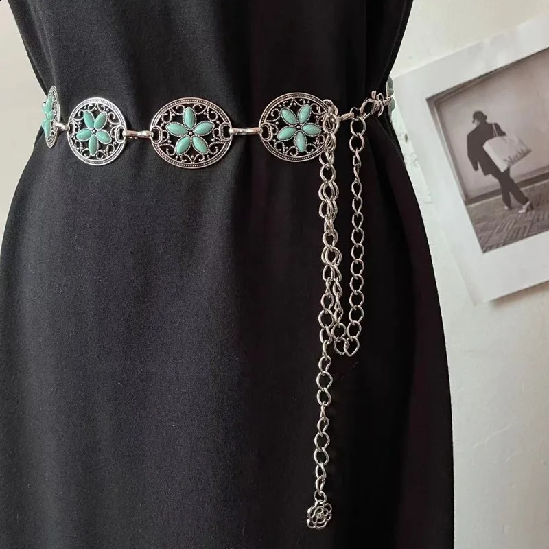 Western Concho Waist Chain Belt For Women Bohemia Vintag Link Belts Hollow Out Turquoise Golden Waistband For Cowgirl Dress Jea 241227