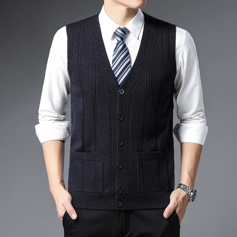 Autumn and Winter Mens Cardigan Vest Without Plush Fashion Casual Knitted Sweater Warm V-neck Vest 241228