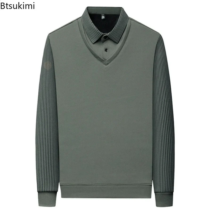Autumn Winter Mens Fleece Warm Shirts Fashion Stripe Splice Fake Two-piece Business Casual Pullover T-shirts Male Sweater Tops 241223