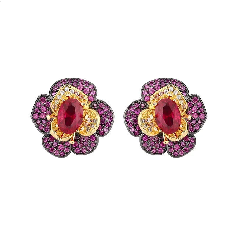 Jewelry S925 Silver Plated 18K Gold Red Corundum Flower Black Gold Personality Set 7 * 9-6 * 8 Jewelry 241226