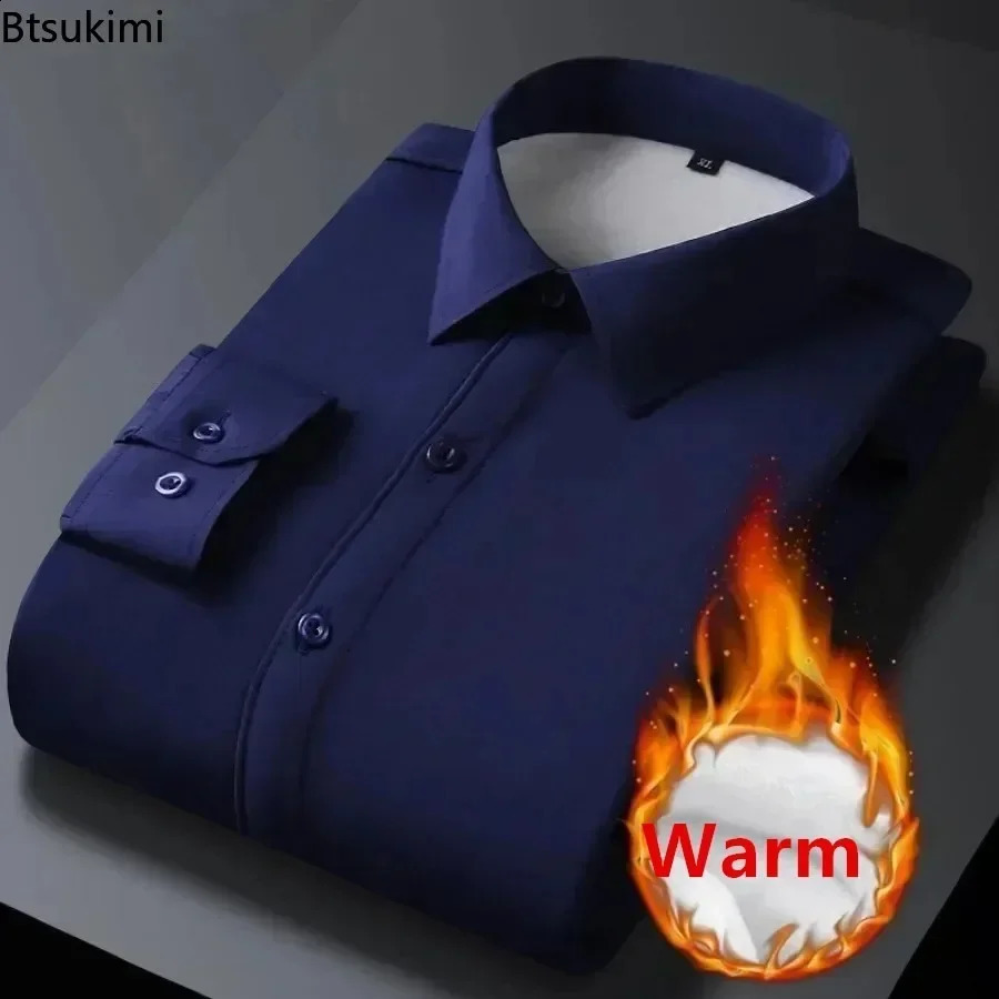 Oversized Mens Classic Business Dress ShirtS 2025 Autumn Winter Fleece Thick Warm Solid Slim Casual Social Shirt Men Blouse 5XL 241223