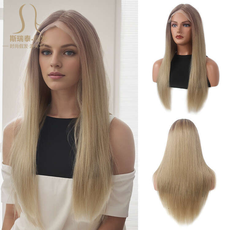 Front Wig Gradient 613 Small Lace, Split Figure Eight Bangs, Forehead Brown Straight Hair Wig, T-Shaped Lace Headband Kq2 Kq2