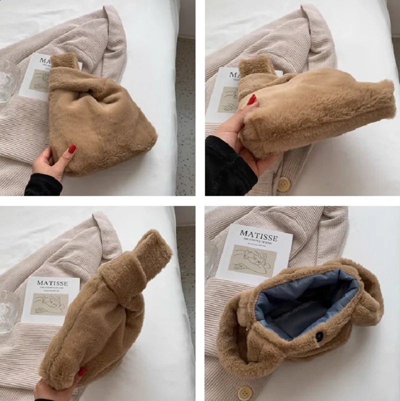 Soft Plush Ladies Wrist Purse Warm Faux Fur Small Tote Bag Winter Fluffy Women Handbag Solid Furry Quality 241226Z