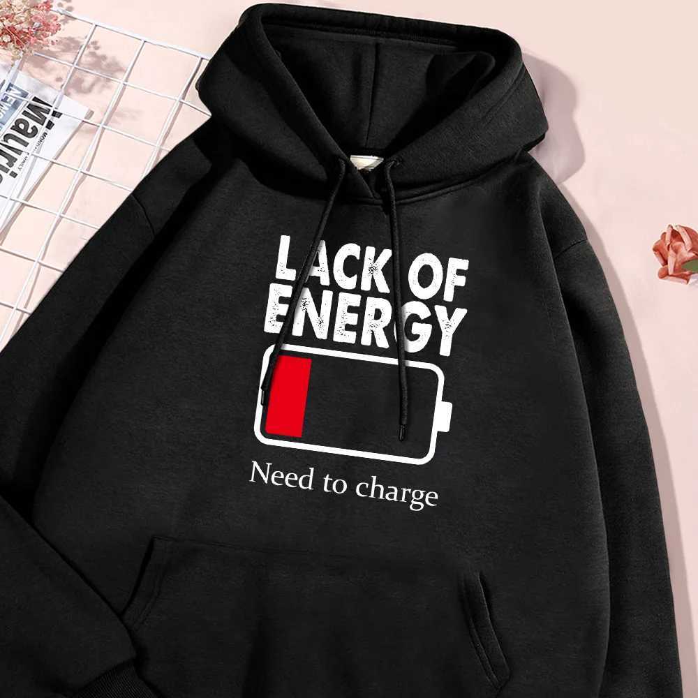 Lack Of Energy Letter Hoodie Men Simple Warm Fleece Hoodies Fashion Casual Sweatshirt Oversized Loose Hoody Soft Comfort Tops X241228