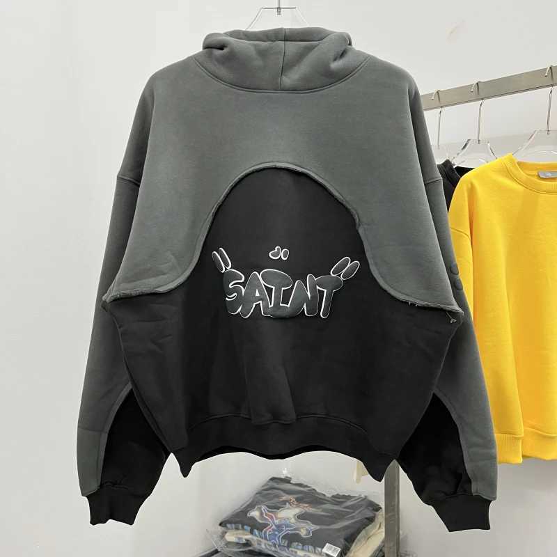 24FW New Saint Hoodie Autumn Winter Street Clothing foam Alphabet Printing Two Tone Patch Work Hoodie Mens Loose Wool Sweatshirt M241228