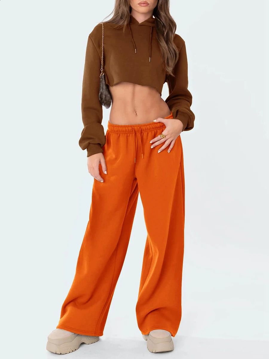 Womens Wide Leg Sweatpants Elastic High Waist Straight Legged Basic Baggy Comfy Jogger Sweat Pants Orange Gray Bottom 241228