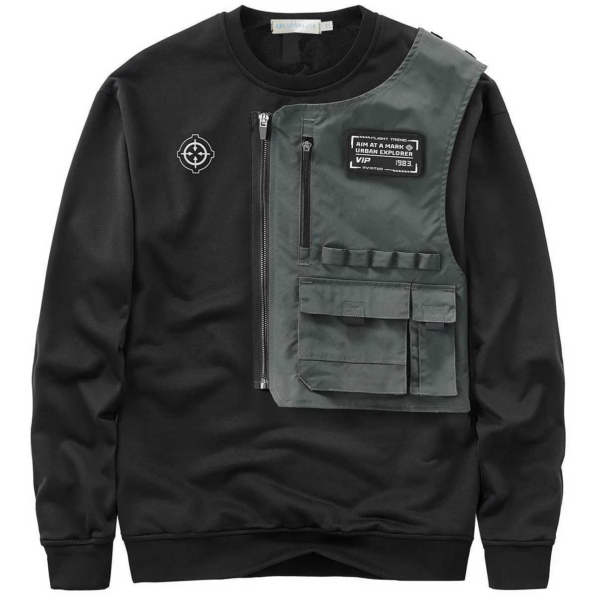 Fashion Men Black Techwear 100% Cotton Patch Stich Long Sleeve T-Shirts Autumn Mens Oversized Locomotive Style Tooling T Shirt X2412281