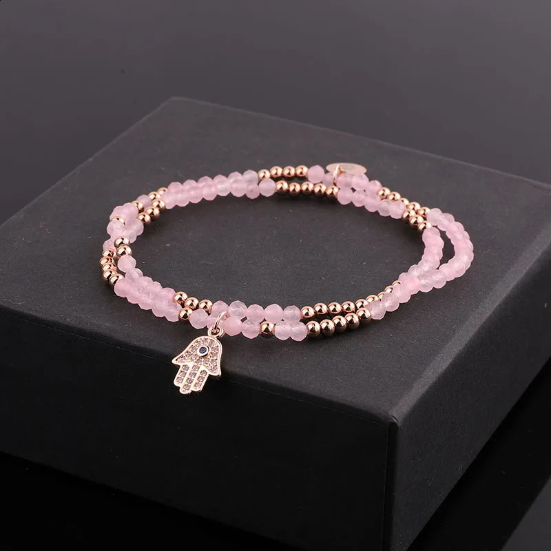 Cute Elegant Natural Stone Rose Quartz Blue Lapis CZ Pave HandCharm Elastic Beads Bracelet For Women Jewelry Gift 241227