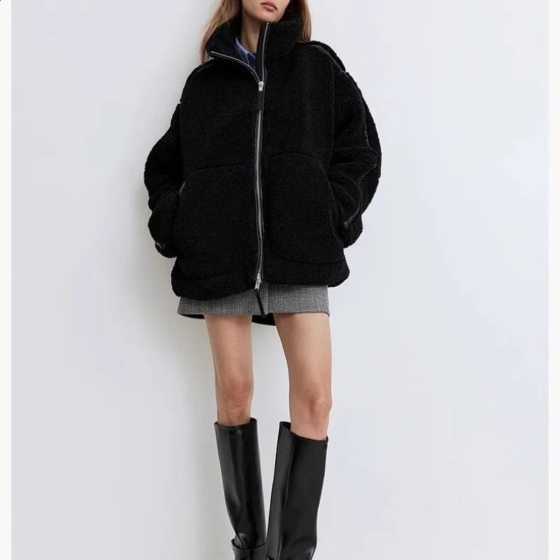 European and American style fashion simple and versatile stand-up collar zipper loose casual sherpa jacket 241227