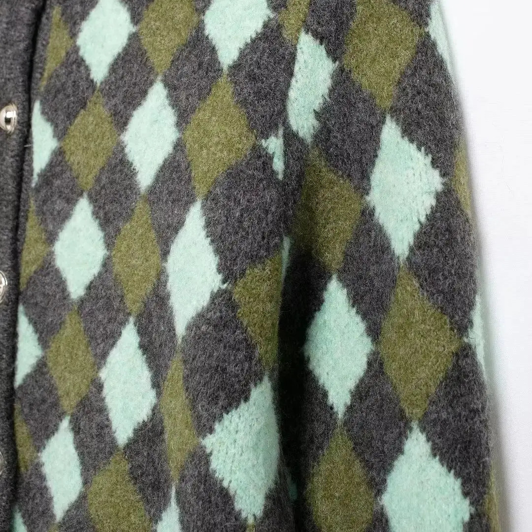 Autumn Arrival Womens Casual Versatile Diamond Pattern Jacquard Long Sleeve Round Neck Knitted Cardigan Coat 241227