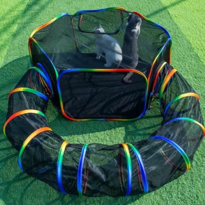 Outdoor Rainbow Cat Enclosures Playground Outside House for Cats Portable Cat Tent, Circle Playpen Tunnel, for Kitty and Small Animals Within Storage 