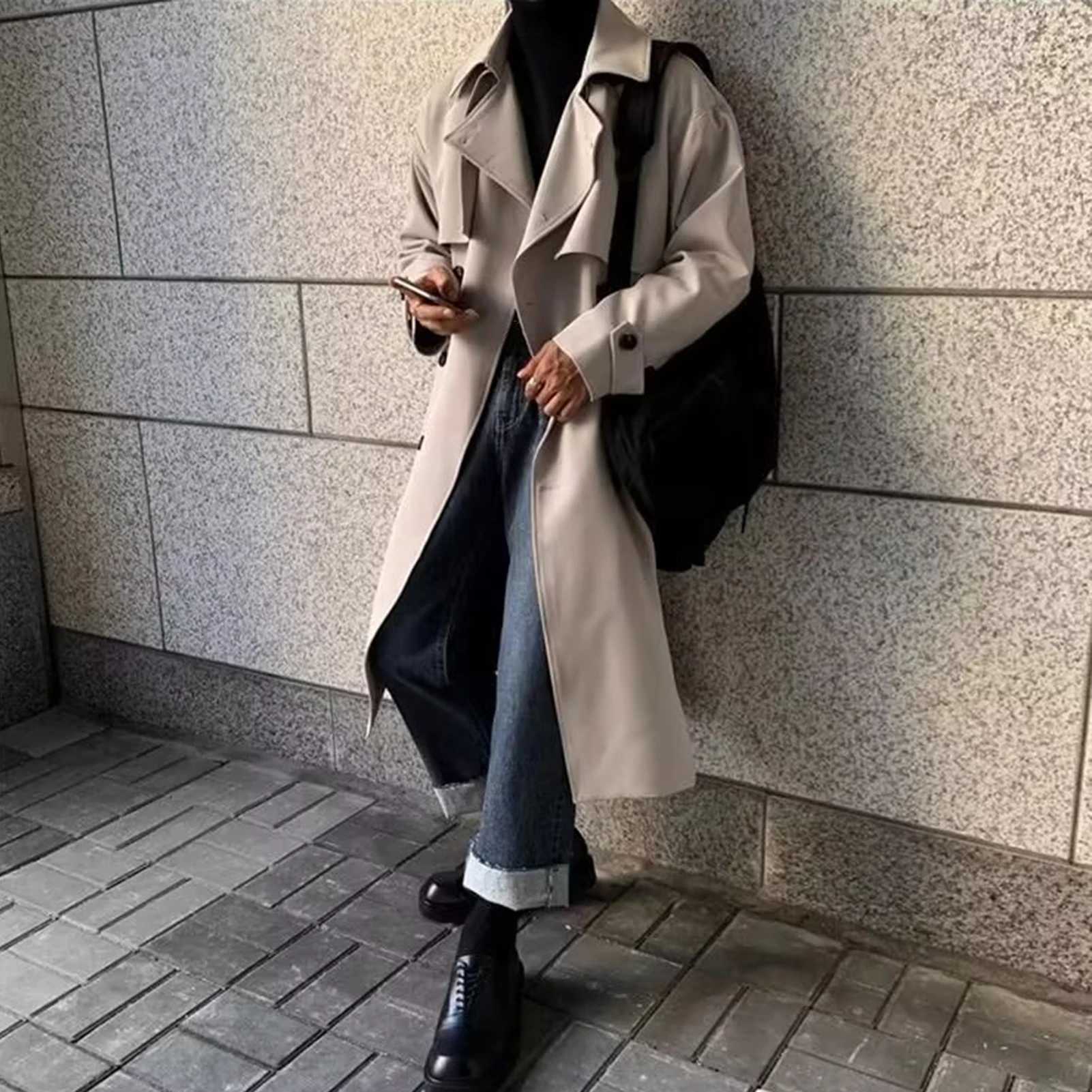 Mens Windbreaker Coat Lapel Long Sleeve Double Breasted Trench Coat Loose Fit Autumn Winter Mid-length Outwear W241228