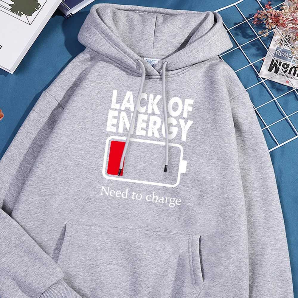 Lack Of Energy Letter Hoodie Men Simple Warm Fleece Hoodies Fashion Casual Sweatshirt Oversized Loose Hoody Soft Comfort Tops X241228