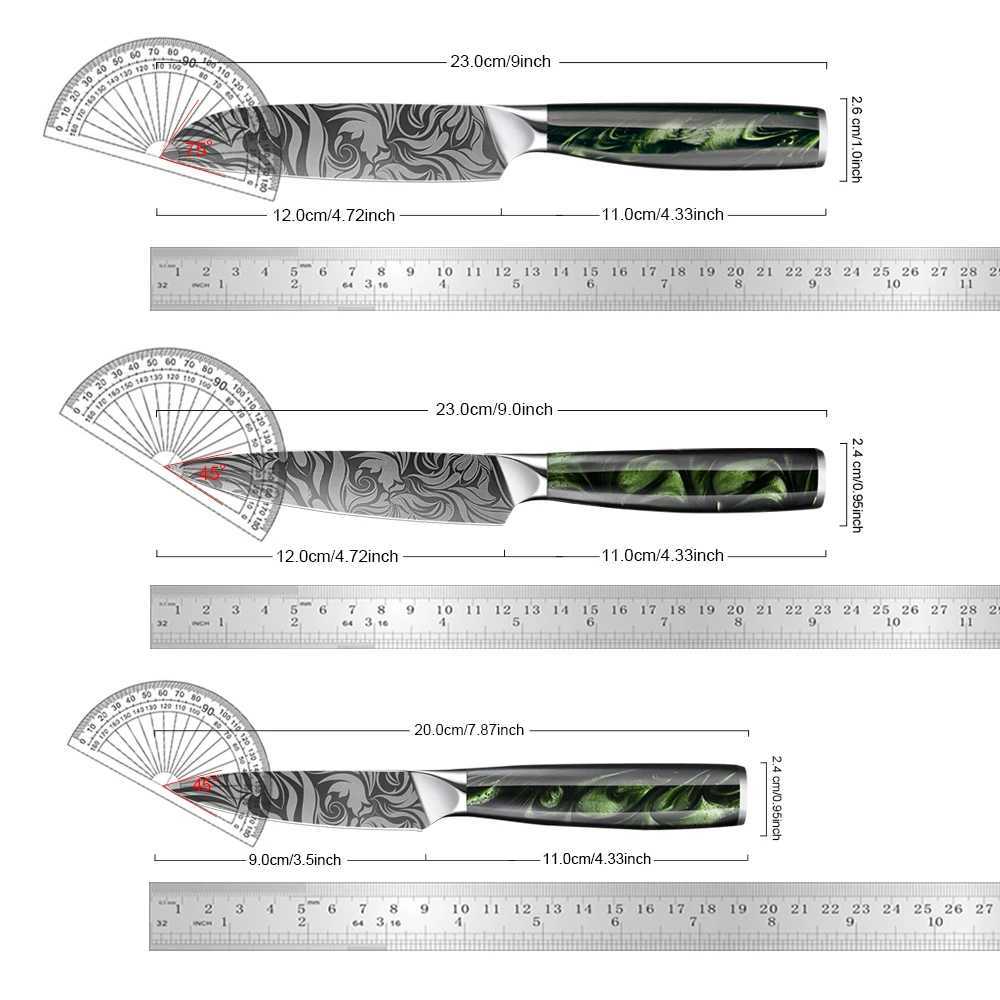 1-3Piece Japanese Kitchen Knife Set Green Resin Handle Laser Damascus Pattern Santoku KnifeParing Knifely Sharp Blades Y241227